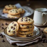 gooey chocolate chip cookies stacked high on a plate, ready to be enjoyed with a drink. photo