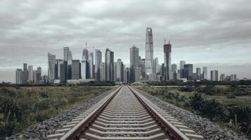 Railway tracks leading into a modern urban skyline under a cloudy sky, suggesting progress. photo