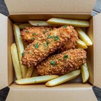 Crispy fried chicken tenders with golden french fries, a classic and delicious fast food meal. photo