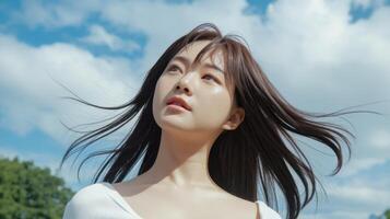 Windblown hair frames a woman looking up towards a blue sky dotted with fluffy clouds, outdoors. photo