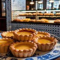 Delightful egg custard tarts on a blue and white plate, bakery treats beckon from display case. photo