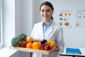 Nutritionist with fresh produce, promoting healthy eating habits with nutritious foods and vibrant colors. photo