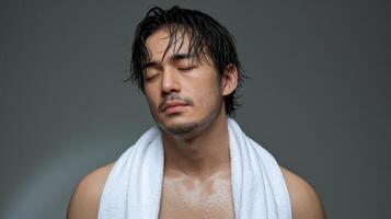 A sweaty man, eyes closed, wearing a white towel around his neck, against a neutral background photo