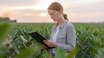 Young researcher carefully examines plants in a field, taking notes. Studying crops in sunset. photo