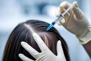 Injecting a patient's scalp with a needle. The procedure involves gloves and care for hair health. photo