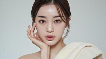 Radiant beauty shines through with a soft glow and gentle touch, revealing pure skincare perfection. photo