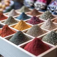 Assorted spices, herbs, and seasonings displayed in wooden compartments, highlighting flavor profiles. photo