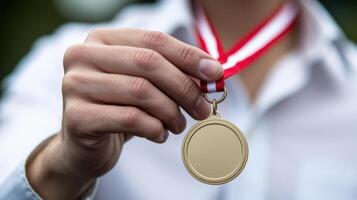 Hand holding a gold medal on a red and white ribbon. Achievement, accomplishment and victory. photo
