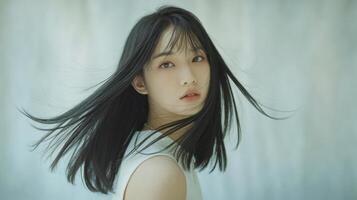 Portrait of a young woman with long, dark hair blowing in the wind, minimalist background. photo