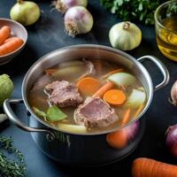 Hearty beef stew simmering with fresh vegetables in a steel pot, ready to warm you up. photo