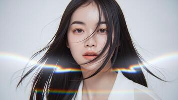 A portrait of a woman with long, flowing dark hair, illuminated by a vibrant spectrum of light. photo