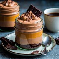 Delicious chocolate dessert parfait in a jar, topped with chocolate shavings and a chocolate bar. photo
