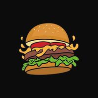 Delicious hamburger with cheese and sesame seeds isolated on a black background illustration design vector