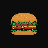 Cartoon delicious hamburger with cheese and sesame seeds isolated on a black background illustration design vector