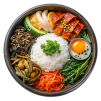 Delicious and Colorful Korean Bibimbap Bowl with Various Toppings png