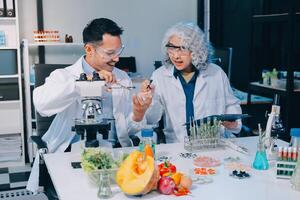 Two people in lab coats looking at something on a computer photo
