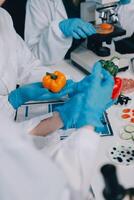 Scientists in lab coats and gloves are working on vegetables photo