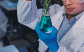 A man in a lab coat holding a plant in a glass photo