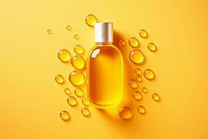 Golden oil bottle with droplets on yellow background photo