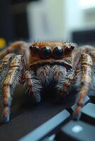 Fun April Fools prank setup with a fake spider on a desk, capturing a playful reaction photo