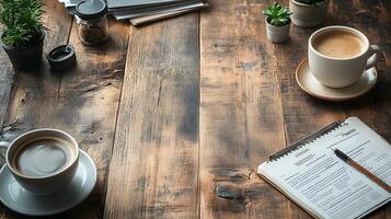 Business meeting table with an empty newspaper, open notepad, and coffee cup photo