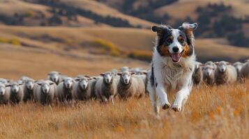 Dog herding sheep in an open field showcasing teamwork and trust photo