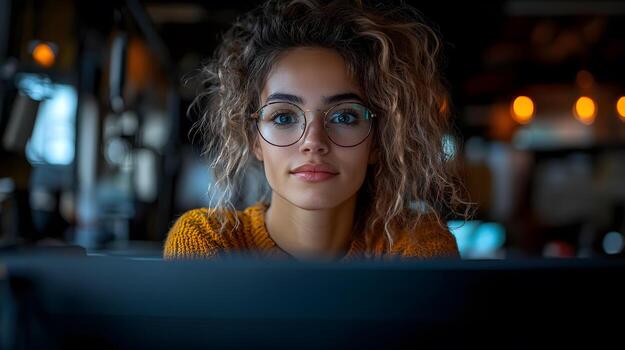 hembra descifrador trabajando en un computadora, tecnología y innovación, moderno espacio de trabajo foto