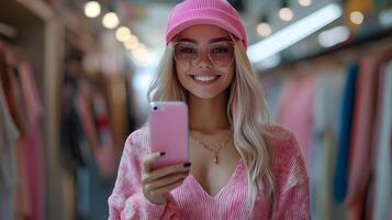 3D-rendered influencer holding a virtual fashion try-on session using AR integration, next-generation marketing, copy space photo