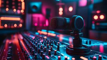 studio with digital content creator recording a product review using an advanced microphone, futuristic marketing, copy space photo