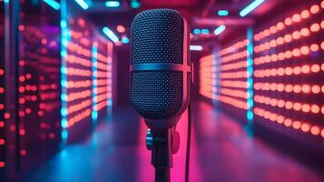 High tech 3D studio with digital content creator recording a product review using an advanced microphone, futuristic marketing, copy space photo