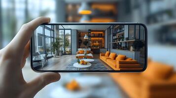 AR-driven virtual interior design studio, futuristic 3D-rendered home customization interface photo