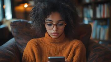 Young professional creating mobile-first content on a smartphone, modern digital workspace photo