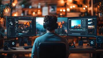 AI-powered editing software enhancing workflow for photographers and designers, multi-screen setup, modern studio environment photo