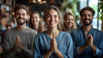 Joyful office workers applauding a colleague for achievements, appreciation event with certificates and rewards, friendly interactions, copy space photo