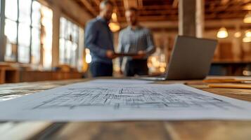 Construction project manager and architects reviewing site development plans, laptop displaying CAD drawings, professional workspace, high resolution photo