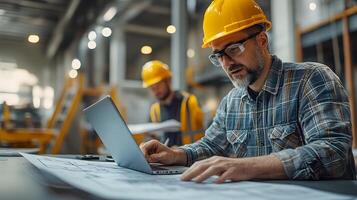 Construction project managers and architects reviewing site development plans, laptop displaying CAD drawings, professional workspace photo