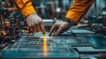 Close-up of engineers and architect pointing at a laptop screen with digital blueprints, intense discussion, project planning, high resolution photo