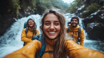 Group of friends taking a selfie with a beautiful waterfall in the background, adventure vibes photo