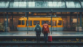 Train station with historic architecture, travelers with suitcases, and a sense of adventure and discovery photo