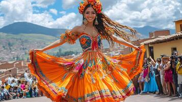 Traditional dance performance in an open plaza, elegant movements, colorful outfits, and rich cultural heritage photo