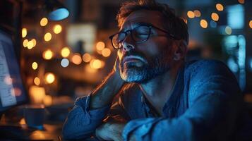 Tired office worker yawning while working late at a dimly lit desk, 8K high-quality clear photo