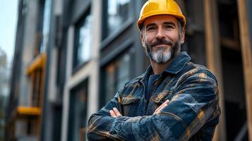 Proud worker standing in front of an office building with arms crossed, 8K high-quality clear photo