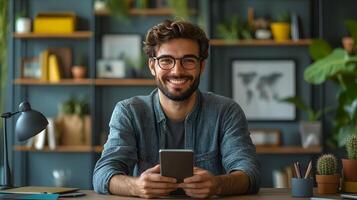 Young professional using a smartphone for business and productivity, modern workspace background, sleek design photo