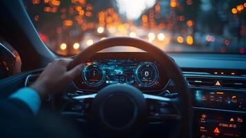 Driver using a digital dashboard in an autonomous electric vehicle, futuristic car technology interface, high-resolution automotive concept photo