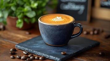 Stylish cafe menu mockup with dark chalkboard theme, featuring handwritten fonts and a rustic coffee cup setup photo