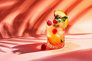 Peach cocktail with raspberry and basil photo