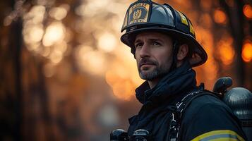 Realistic image of a firefighter standing proudly with equipment, representing courage and dedication photo