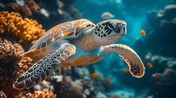 Realistic image of a sea turtle gliding through the deep ocean, surrounded by vibrant coral formations and small fish photo