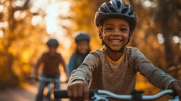 Realistic image of parents teaching children to ride a bicycle, capturing support and encouragement photo