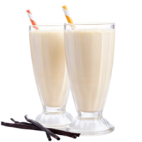Two Delicious Vanilla Milkshakes with Paper Straws and Vanilla Beans png